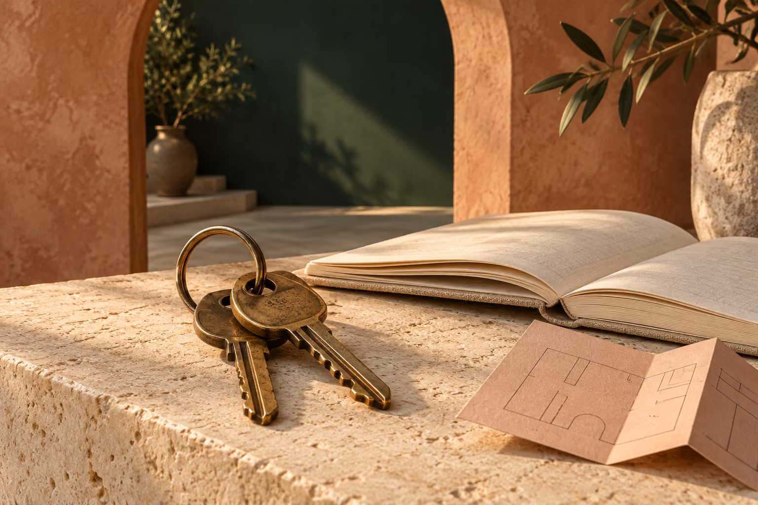 Brass keys and an open notebook in the warm light of a new day.